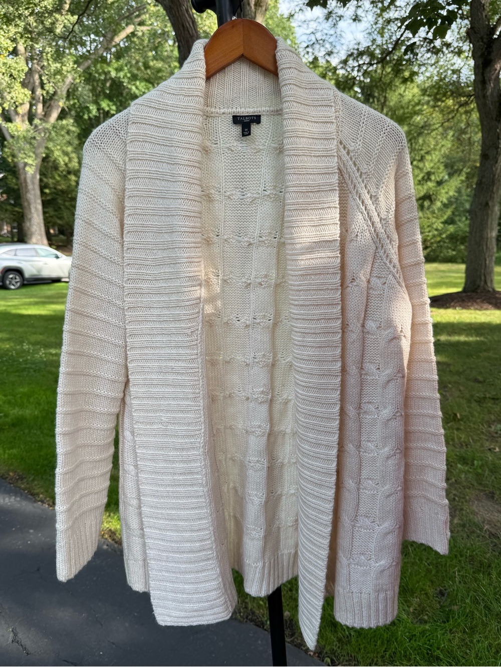 Talbots Woman 1X Ivory Long Cable Knit Cardigan Shawl Collar